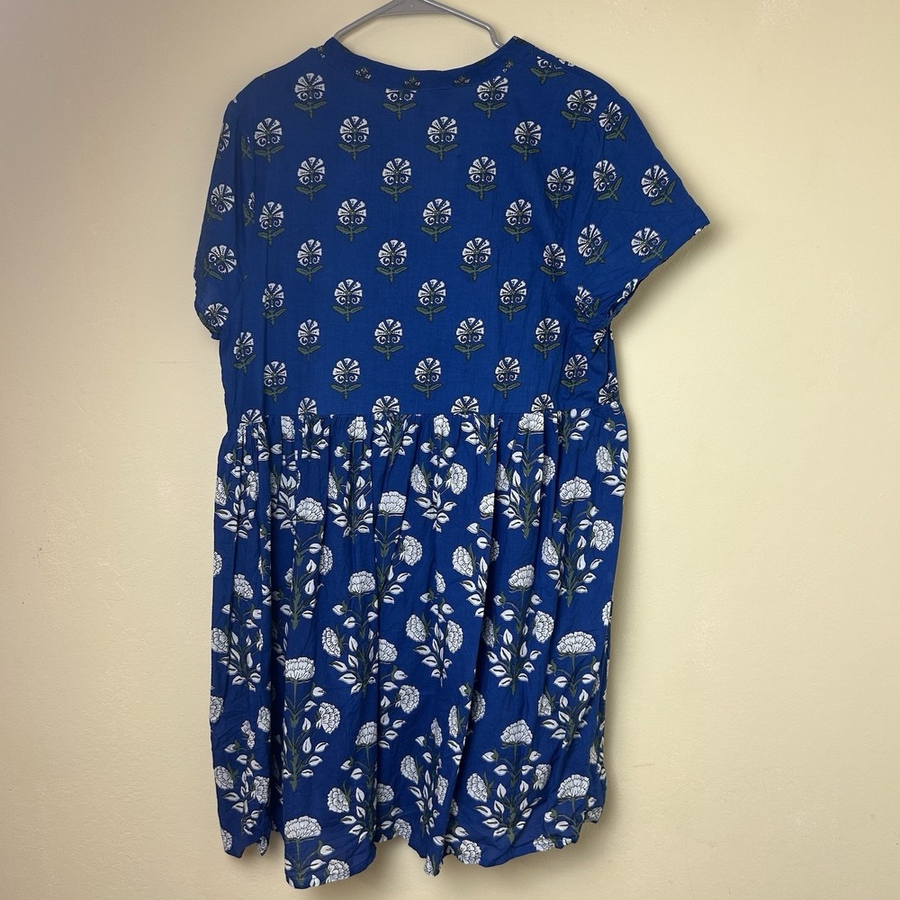 Anthropologie Ro's Garden X-Large Blue Floral Block Print Dress Light Cotton - Picture 2 of 10